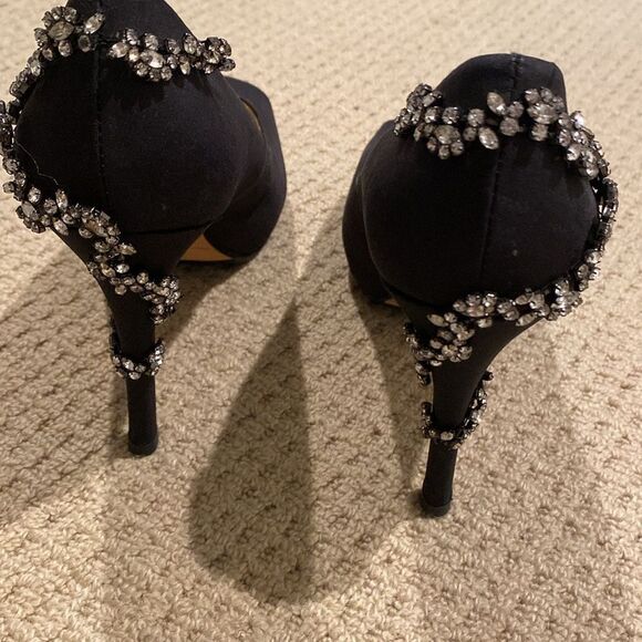 Badgley Mishka Black Satin Peep toe Heels with Crystal Embellishments Size 9 - Picture 2 of 7